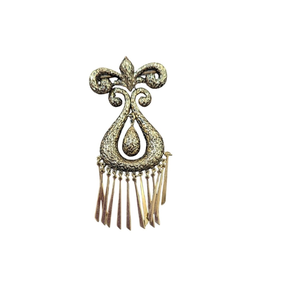 Vintage Gold-Tone‎ Fleur de Lis Brooch With Dangling Tassels articulated Estate